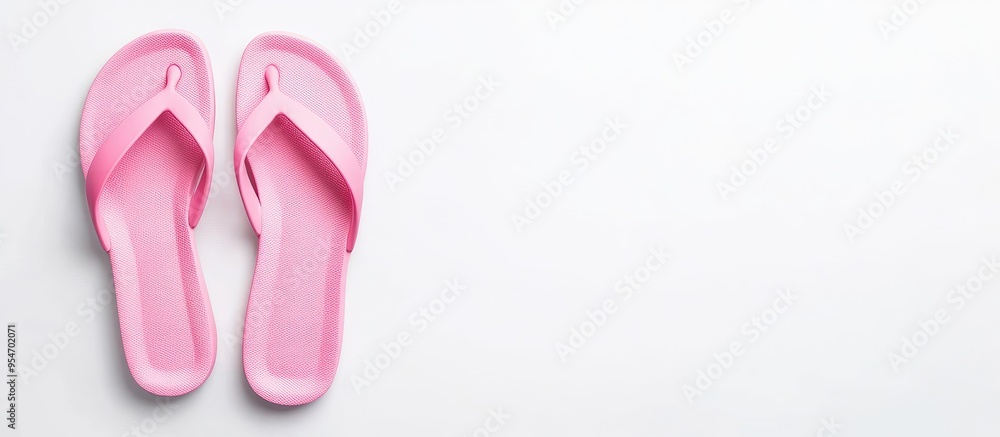 Poster Chic pink flip flops on a white background top view Area for text. with copy space image. Place for adding text or design