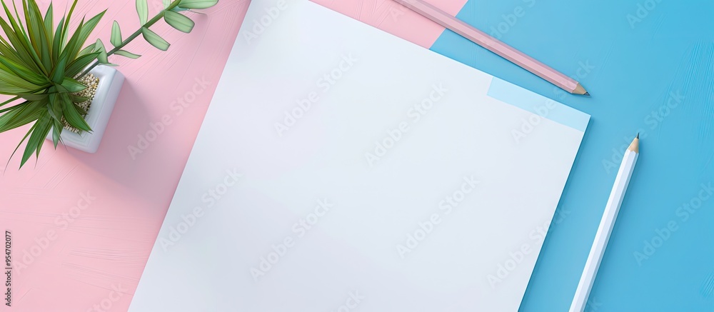 Aufkleber top view of a blank a4 paper brochure mockup card on a light blue and pink pastel background. with c