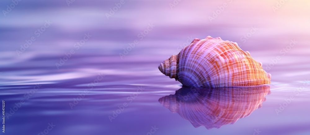 Poster seashell on a shimmering purple blue reflective surface. with copy space image. Place for adding text or design
