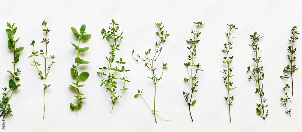 Poster fresh thyme spice isolated against a white background with copyspace for your text top view flat lay