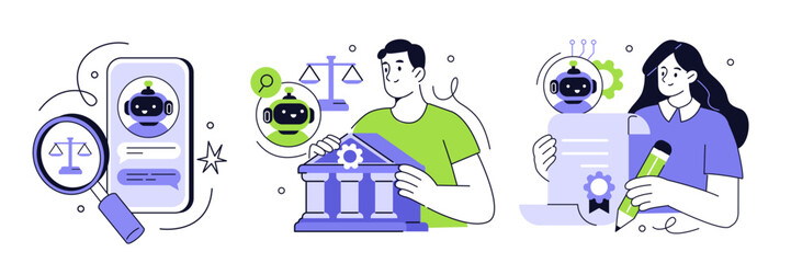 Lawyer, attorney, judge use ai assistant, robot to provide legal advice, consultation. Artificial intelligence technology in law, justice, tax, finance. Vector illustration.