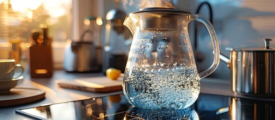 A close up of an electric glass kettle designed for boiling water for hot beverages featuring boiling and bubbling water. with copy space image. Place for adding text or design