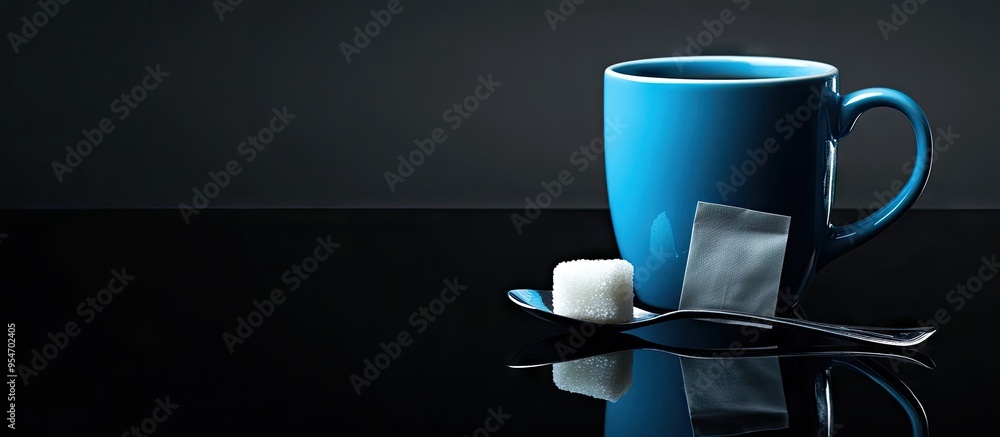 Poster mug of tea featuring a teabag sugar and teaspoon blue color on a black reflective surface enjoyable 