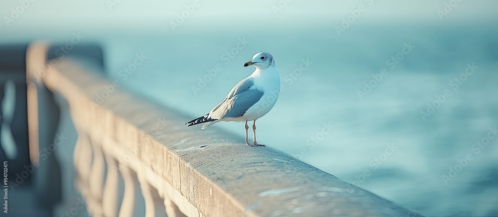 Aufkleber A migratory seagull is perched on the concrete railing of a bridge by the sea set against a blurred background. with copy space image. Place for adding text or design