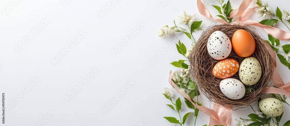 Poster easter eggs ribbons and a nest on a white background mockup card featuring plants invitation card wi