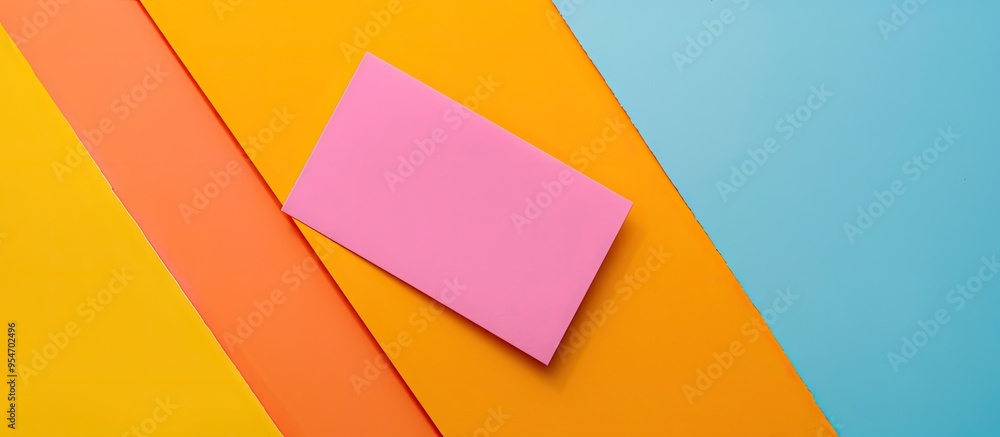 Poster white blank business card positioned with pink and orange papers overlapping on yellow paper in an a