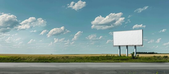 Empty white banner billboard on the field by the road. with copy space image. Place for adding text or design