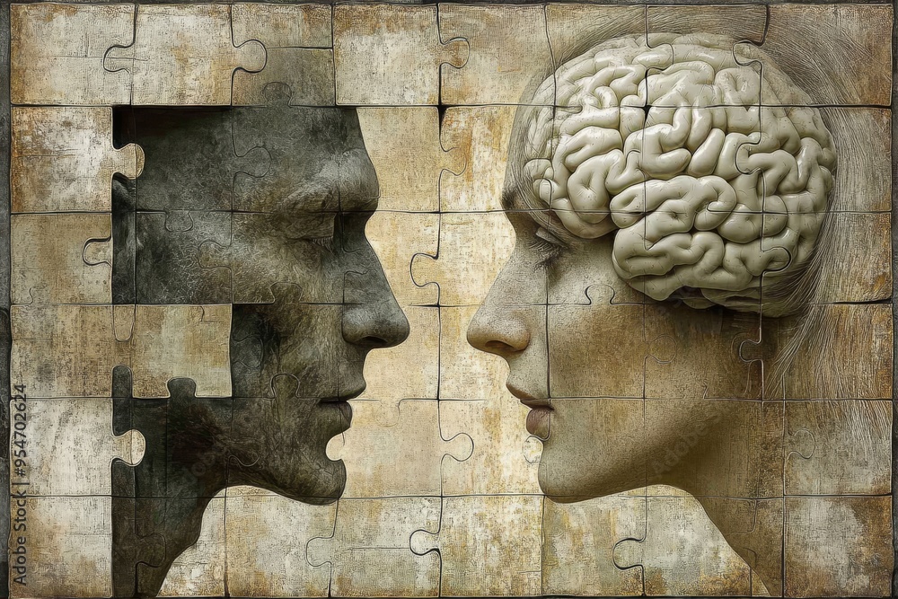 Poster neurodevelopment hierarchical stone carved heads with puzzle piece brains symbolizing the ancient an