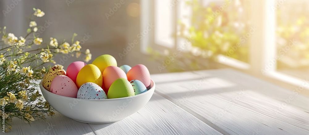 Aufkleber Easter greeting card featuring a bowl of colorful eggs on a white wooden table Includes space for your greetings. with copy space image. Place for adding text or design