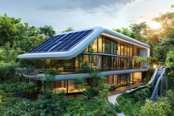 A modern eco-friendly house with sleek design. Solar panels adorn the roof, blending beauty with sustainability. Nature surrounds this innovative living space. Generative AI