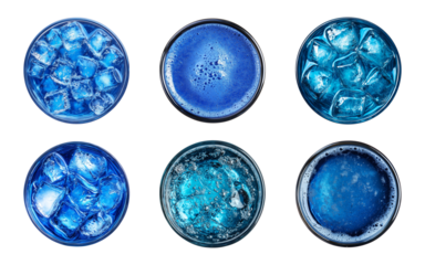 a set glass of blue drinks isolated on a transparent or white background, top view, cut-out, PNG