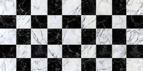 Seamless black and white checker or chess board marble tile background texture. Kitchen or bathroom natural stone wall, floor or countertop. A high resolution tileable luxury pattern 3D Rendering..