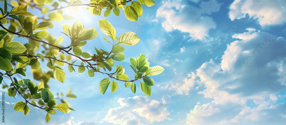 Poster spring branch with foliage against the sky. with copy space image. place for adding text or design