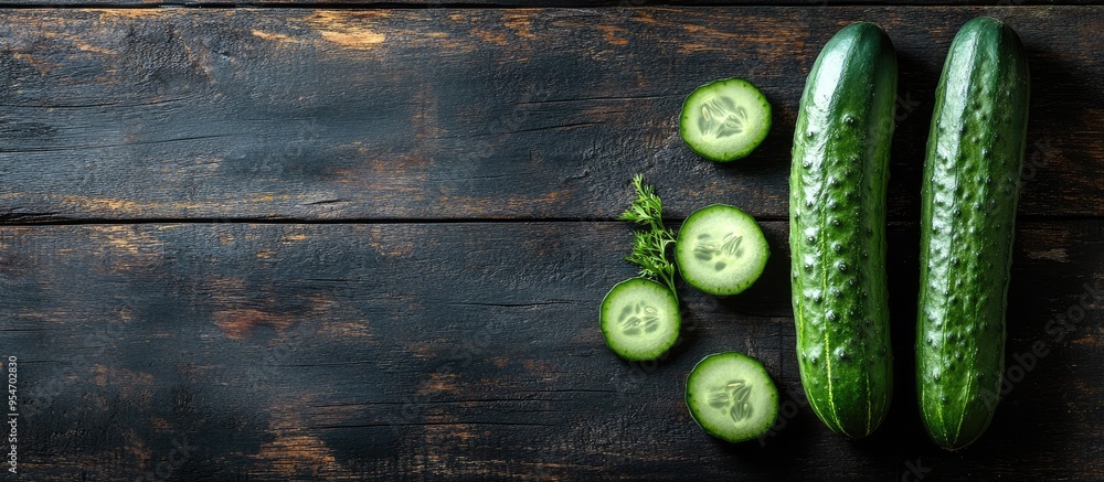Poster one long cucumber and three small cucumbers on a dark wooden table. with copy space image. place for