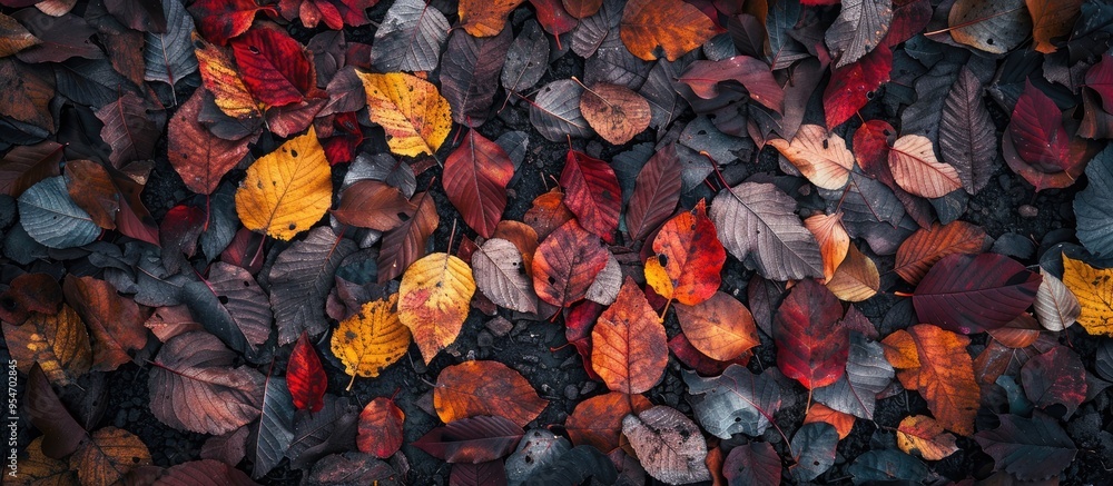 Aufkleber Fallen variegated leaves in late autumn display colors of red brown orange and yellow. with copy space image. Place for adding text or design