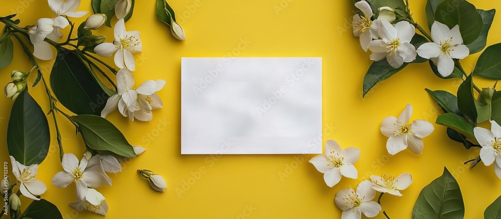 Poster Blank card and lovely jasmine flowers on a colored background. with copy space image. Place for adding text or design
