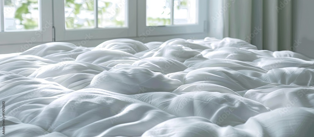 Poster Untidy white bedspread in the morning. with copy space image. Place for adding text or design