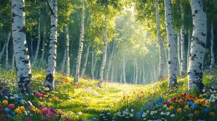 Sunlit Birch Forest Path with Blooming Wildflowers
