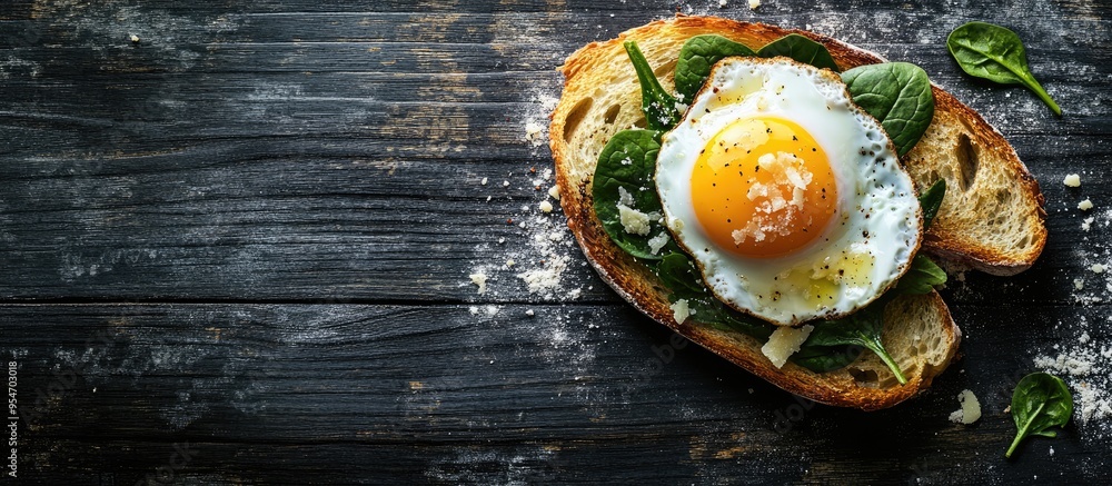 Aufkleber breakfast toasted bread topped with spinach a poached egg and parmesan cheese set against a black wo