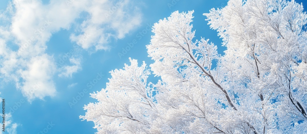Leinwandbilder snow covered winter tree against a blue sky background full frame upward perspective. with copy spac