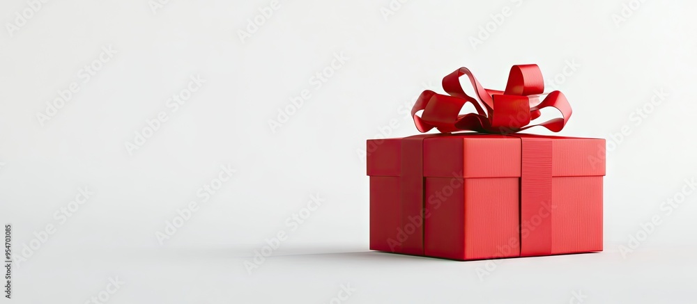Poster red gift box with bows set against a white background with ample copy space