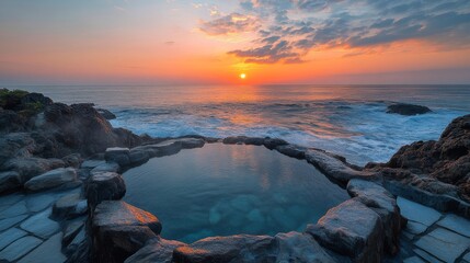 A Tidal Pool at Sunrise on a Rocky Coastline