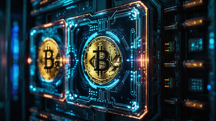 Obraz premium HighTech Interface of Bitcoin Coin, Futuristic Cryptocurrency Mining and Blockchain Background