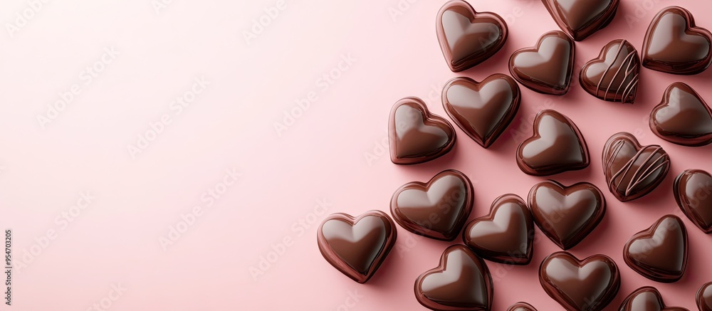 Poster Chocolate Hearts on a Pink Hearts Background. with copy space image. Place for adding text or design