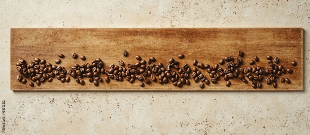 Poster Wooden board with coffee beans scattered on a beige tile background. with copy space image. Place for adding text or design