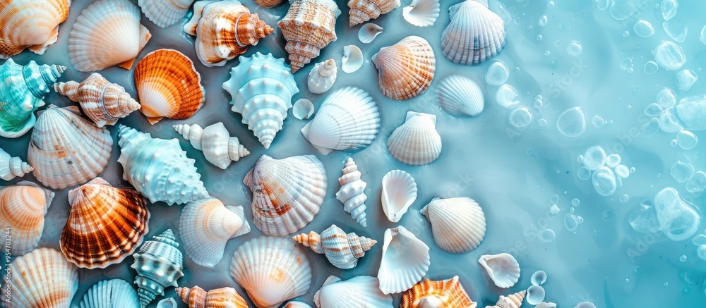 Aufkleber Seashells set against a blue backdrop. with copy space image. Place for adding text or design