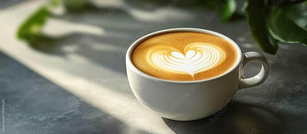 Poster delicious beverage a cup of cappuccino coffee adorned with a heart design on brown milk froth in a w