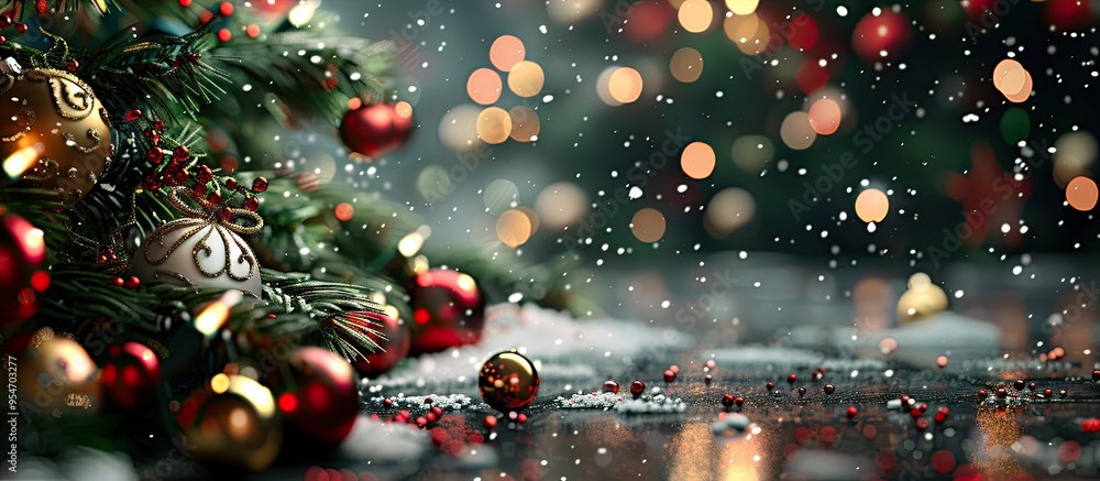 Poster Background featuring Christmas toys and a Christmas tree with snow Space available for text. with copy space image. Place for adding text or design