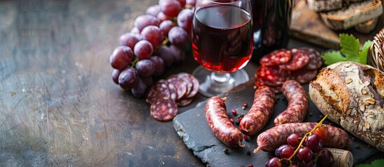 Red wine grapes bread and sausages arranged on a stone table Scene with copy space