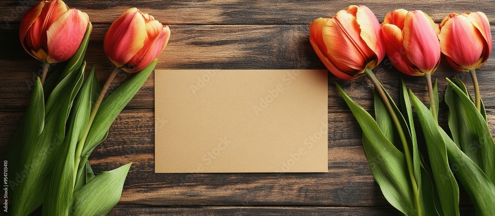 Leinwandbilder Stylish table arrangement featuring a blank card and tulips on a wooden backdrop. with copy space image. Place for adding text or design