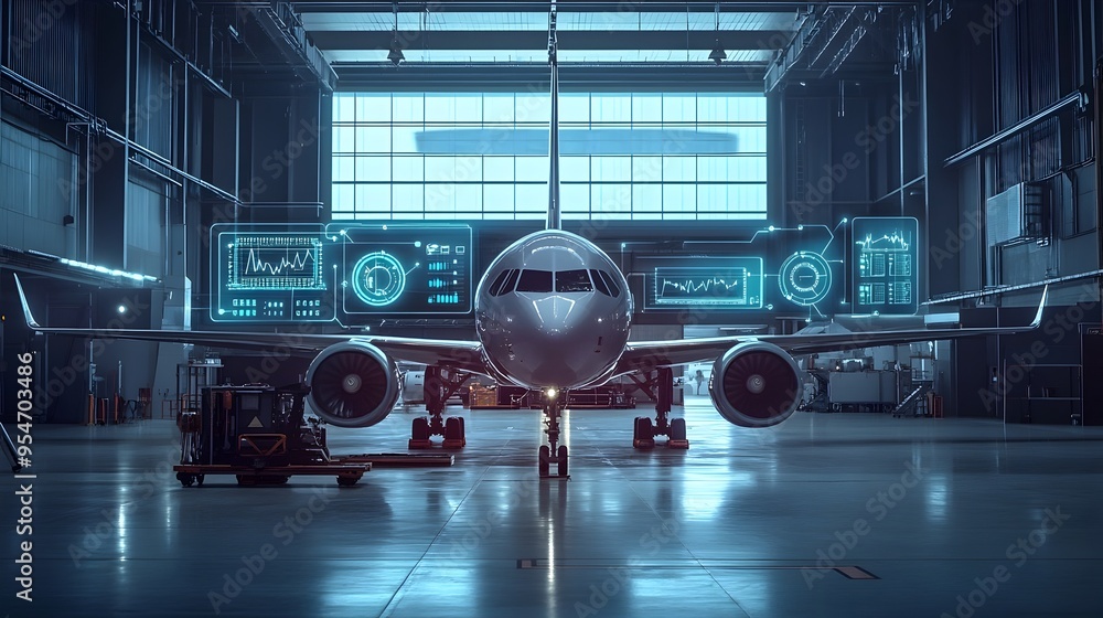 Poster photograph showcasing an advanced smart hangar equipped with iot technology displaying real time dia