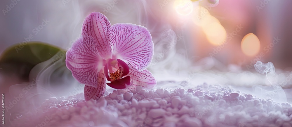 Poster close up of an air humidifier towel and orchid flower concept of aromatherapy wellness and health. w