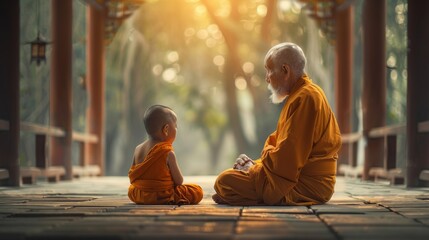 A young boy sits next to an older man in orange robes