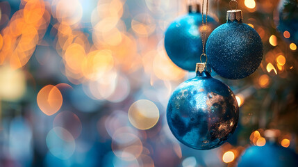 Fototapeta premium Christmas balls hanging on an out of focus background