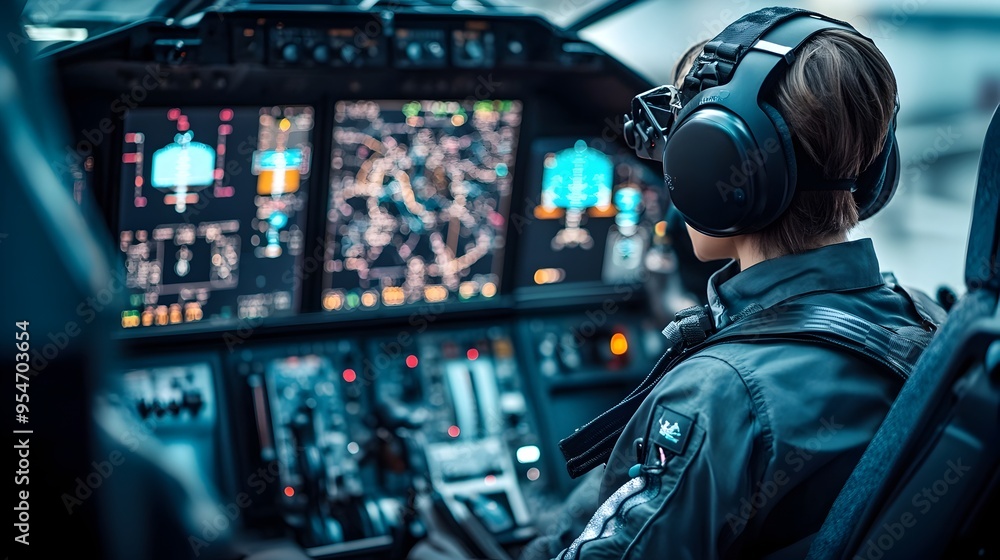 Poster photograph of a pilot in a high tech aircraft cockpit using iot integrated navigation and control sy