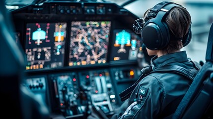 Photograph of a pilot in a high tech aircraft cockpit using IoT integrated navigation and control systems to enhance flight management and The advanced display and control interfaces showcase the of