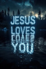 Illuminated Messages of Love Reflecting on Water: A Serene Night Art Piece