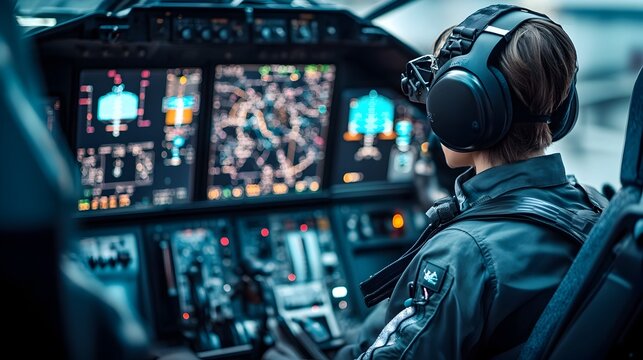 Photograph of a pilot in a high tech aircraft cockpit using IoT integrated navigation and control systems to enhance flight management and The advanced display and control interfaces showcase the of