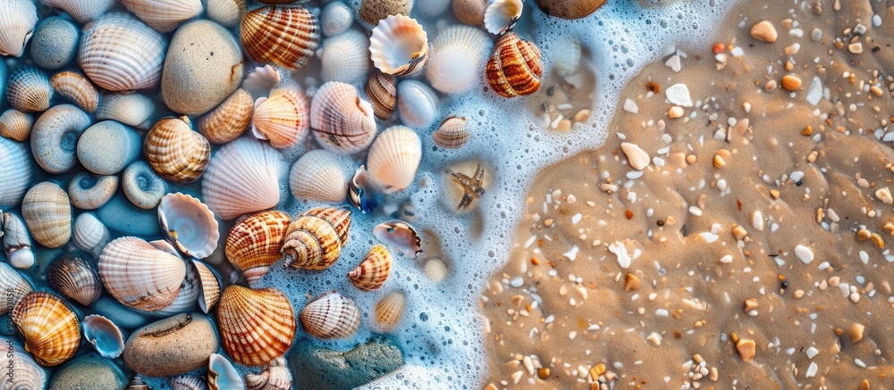 Poster background featuring lovely sand seashells and pebbles on the beach by the sea shore. with copy spac