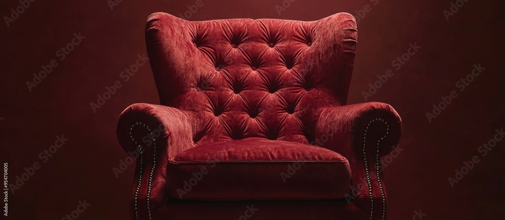Poster Dark red velvet chair featuring buttons. with copy space image. Place for adding text or design