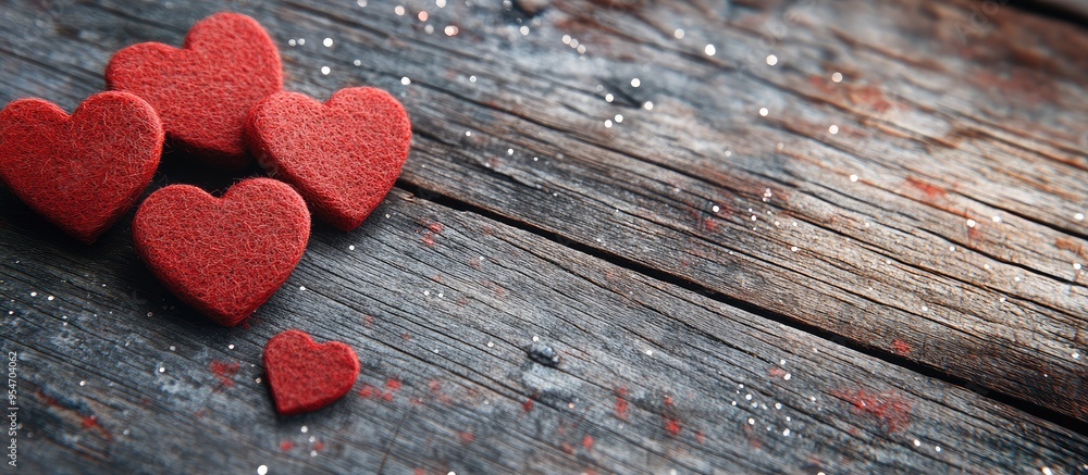 Poster Red felt love hearts on a sparkling wooden plank. with copy space image. Place for adding text or design