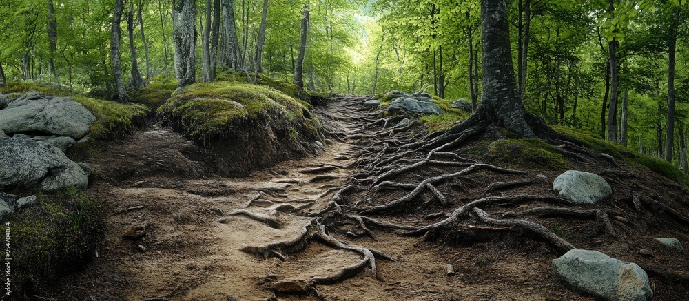 Aufkleber a hiking trail among the trees filled with tree roots and rocks. with copy space image. place for ad