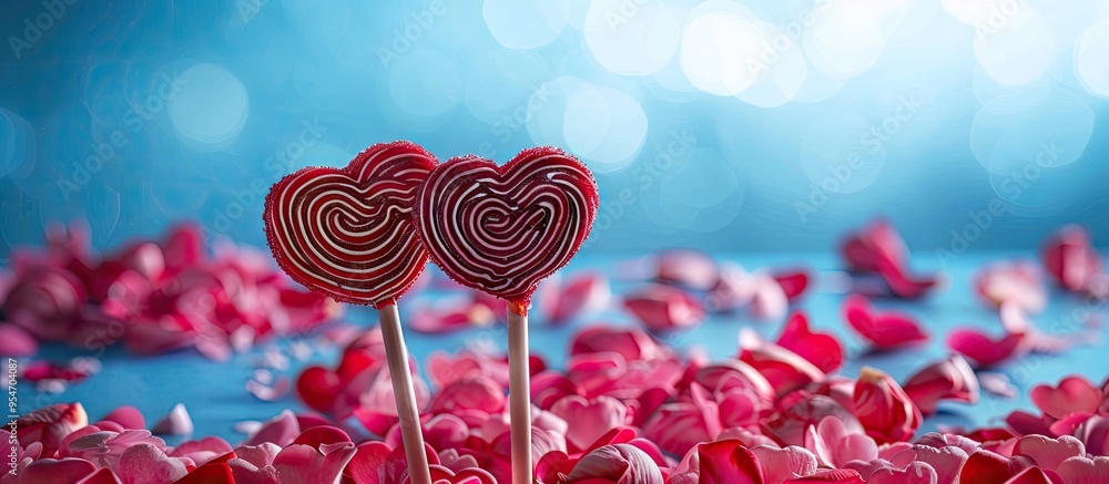 Aufkleber two heart shaped lollipops rest on red flower petals a blue background features a tree this evokes v