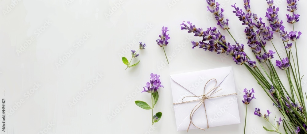 Aufkleber envelope mockup with lavender flowers on a white background top view copy space concept for greeting