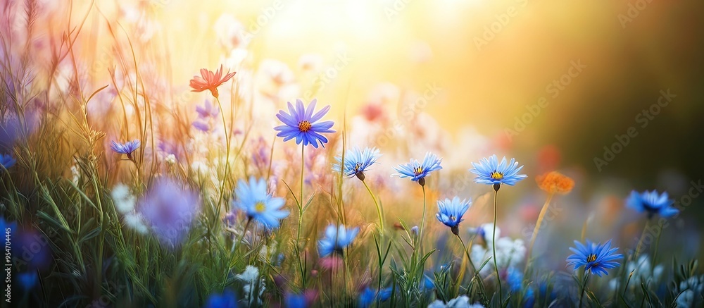 Poster a meadow of flowers with blue wildflowers blooming in the summer garden. with copy space image. plac