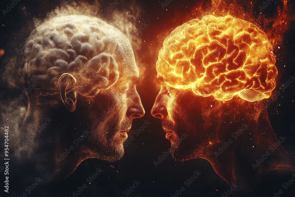 Poster perception specialized fiery neural connection between two faces symbolizing the intense exchange of